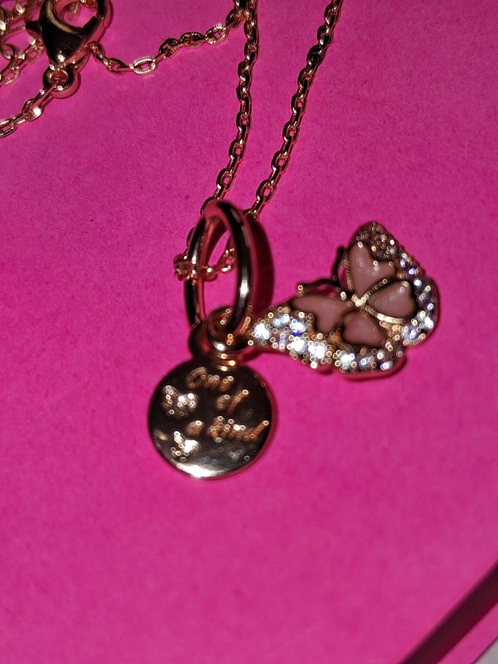 Pandora Rose Gold Butterfly & Disc Necklace with Pink Enamel